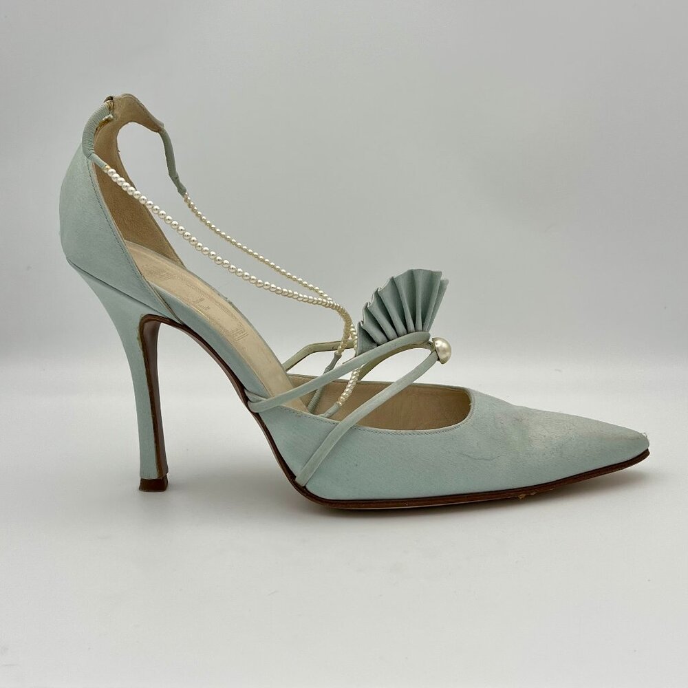Christian Dior Vintage Baby Blue Satin Heels with Pearl Straps – 38 EUR